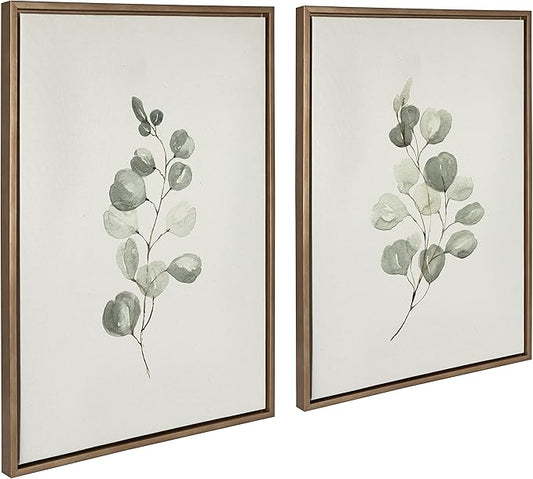 Kate and Laurel Sylvie Eucalyptus 4a & Eucalyptus 4b Framed Canvas Wall Art Set by Maja Mitrovic of Makes My Day Happy, 2 Piece 23x33 Gray, Simple Plant Art Set Wall Décor
