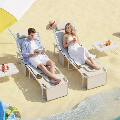 Garvee Tanning Chair with Face Hole, 3-in-1 Outside Beach Lounge Chair with Folding Table, 5 Reclining Positions and Removable Pillow, for Beach, Pool, Patio, Garden -Max 330lbs (Beige)