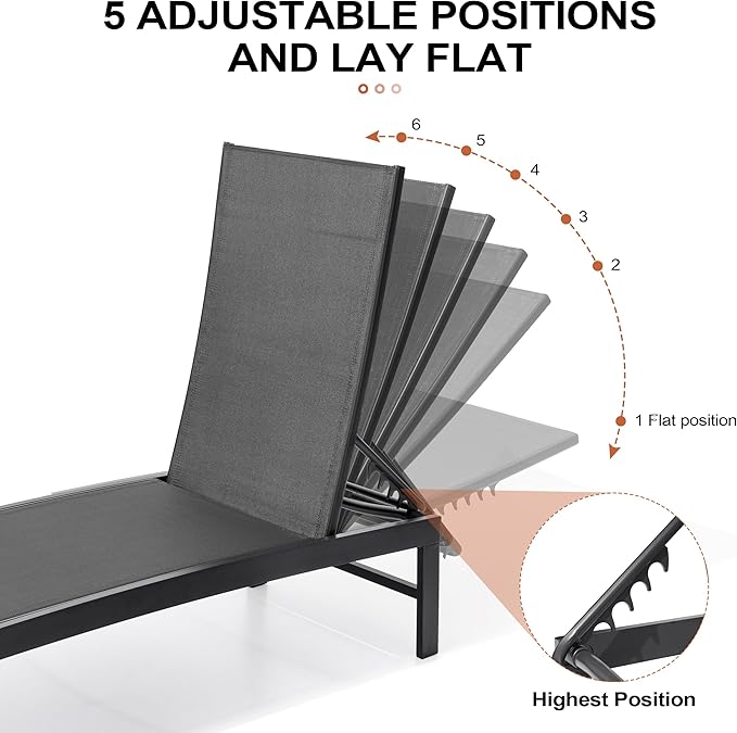 Crestlive Products Chaise Lounge Chair Outdoor, Adjustable 5 Positions Pool Tanning Recliner, Outdoor Lounge Furniture Perfect for Patio, Beach, Yard, Pool