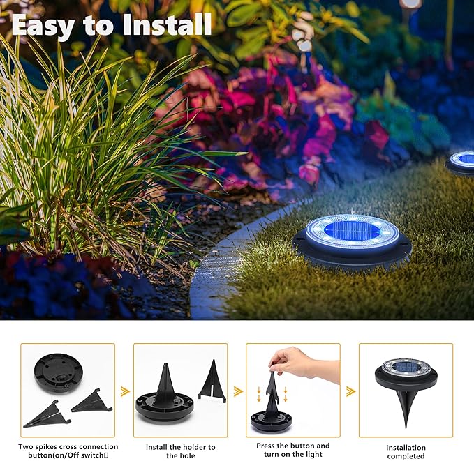 Flacchi Solar Lights Outdoor Waterproof - 2-in-1 Solar Powered Ground Lights Outdoor Solar Disk Light Landscape Light for Deck Step Patio Yard Pathway Walkway Driveway Garden (Blue, 8 Pack)