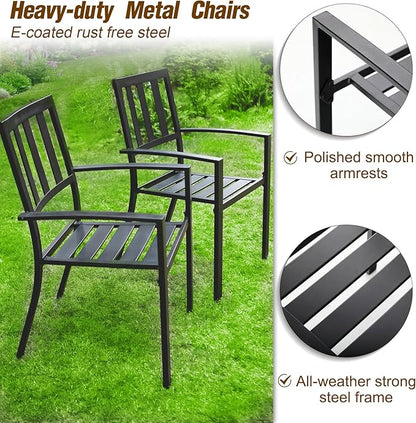 PHI VILLA 5 Piece Outdoor Dining Table Set for 4, 37” Square Metal Dining Table with Umbrella Hole & Stackable Steel Chairs for Patio, Deck, Yard