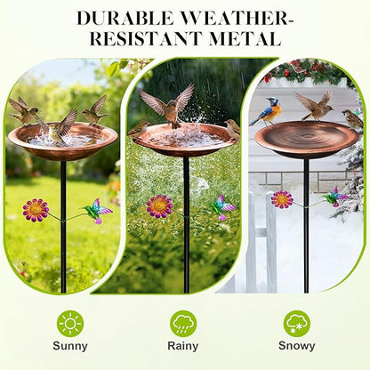 Outdoor Metal Bird Bath Garden Stake–33.5" Tall Vintage Bronze Birdbath with 11.5" Copper Bowl–Decorative Hummingbird & Flower Freestanding Feeder for Yard, Patio,Lawn & Garden Art Gift