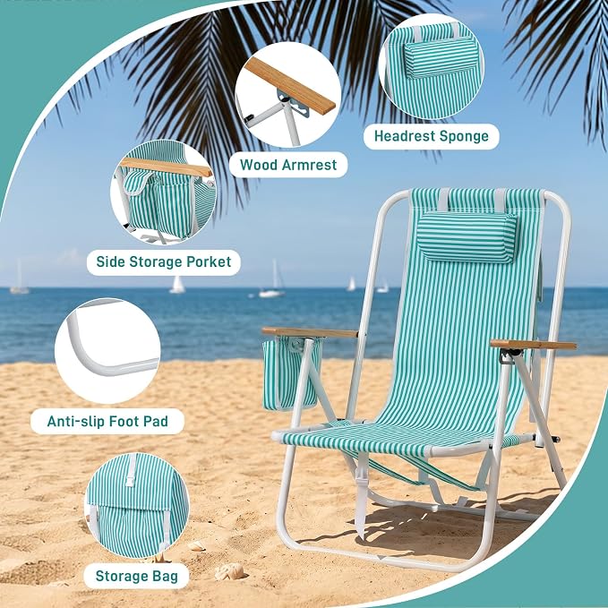 Outvita 2 Pack Folding Beach Chair, 4 Position Adjustable Reclining Lounge Chair with Padded Headrest, Large Rear & Side Storage Pockets, Lightweight Portable Outdoor Chair for Beach Pool Garden BBQ