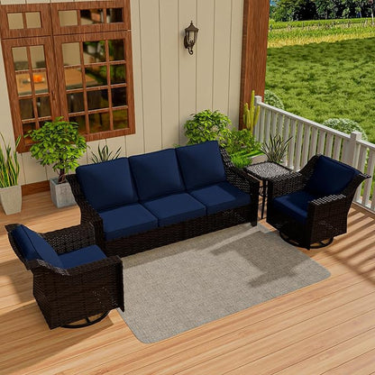 Vista Vibe 4 Pieces Outdoor Patio Conversation Furniture Set - 78" 3-Seat Sofa | 2 Swivel Glider Rocker Chairs | Wicker End Table, Rattan Loveseat, Upholstered Couch, Garden, Deck (Brown/Navy)