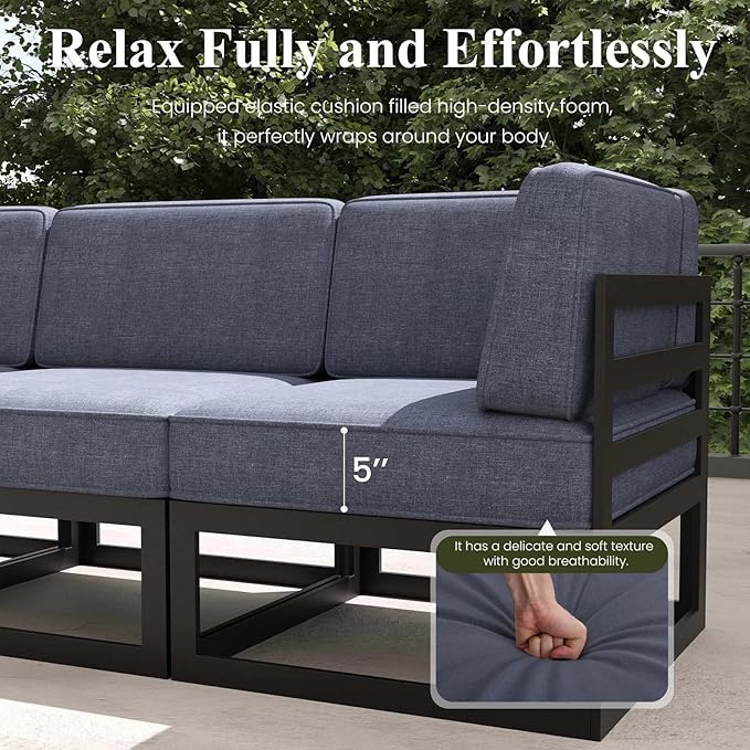 LayinSun Large Aluminum Patio Furniture Set with Fire Pit Table, 7 Pieces Modern Outdoor Conversation Set Sectional Metal Sofa Set with Olefin Cushion