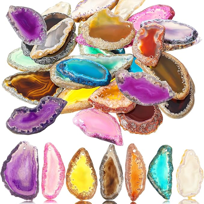 Hicarer 24 Pieces Polished Agate Slices, Drilled Agate Geode Pendants in Various Sizes and Colors Irregular Ornament Geode Stones Rock for Home Room DIY Jewelry Table Decorations