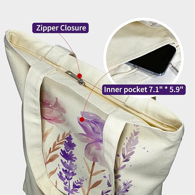 itgowisa Canvas Tote Bag for Women, Tote Bag with Zipper Inner Pocket, Zippered Canvas Bag for Shopping Work Grocery Everyday