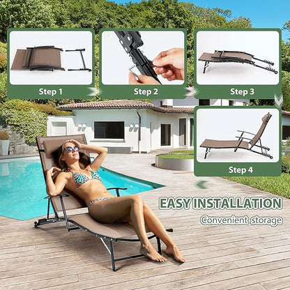 Nice C Patio Chaise Lounge with Wheel, Outdoor Lounge with Armrest for Pool, 5 Reclining Positions, with Rolling Wheel for Poolside, Beach, Backyard, Patio (1 Pack, Beige)