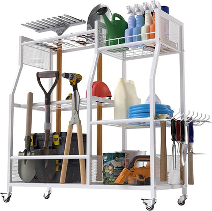 HOTEAGLE Yard Tool Organizer for Garage 35.4" Width High Stability Outdoor Metal Utility Rolling Cart with Mute Wheels, 18.5mm Thick Rods Ideal Garden Tool Rack, Easy to Clean,White