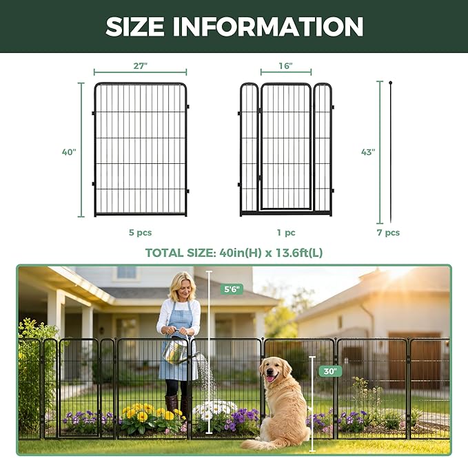 FXW Garden Fence Outdoor for the Yard – 40in(H) x 13.6ft(L) Heavy Duty Metal Animal Barrier for Dog and Rabbit, Decorative Dog Fence, 6 Panels, Black