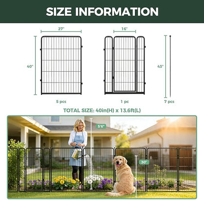 FXW Garden Fence Outdoor for the Yard – 40in(H) x 13.6ft(L) Heavy Duty Metal Animal Barrier for Dog and Rabbit, Decorative Dog Fence, 6 Panels, Black