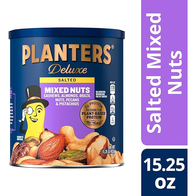 PLANTERS Deluxe Mixed Nuts - Roasted Cashews, Almonds, Brazil Nuts, Pistachios, and Pecans, Plant-Based Protein, Quick Snack, 15.25oz Canister (Pack of 2)