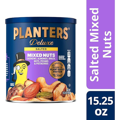 PLANTERS Deluxe Mixed Nuts - Roasted Cashews, Almonds, Brazil Nuts, Pistachios, and Pecans, Plant-Based Protein, Quick Snack, 15.25oz Canister (Pack of 2)