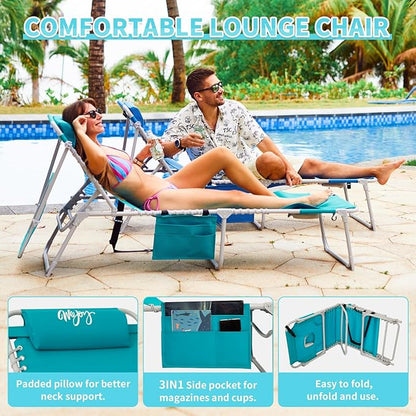 #WEJOY 3 in 1 Tanning Chair with Face Hole & Canopy, 300 lbs Heavy Duty 5 Positions Folding Face Down Lounge Chairs Outdoor with Pillow & Storage Bag Portable for Pool Beach Lawn Camping (Cyan)