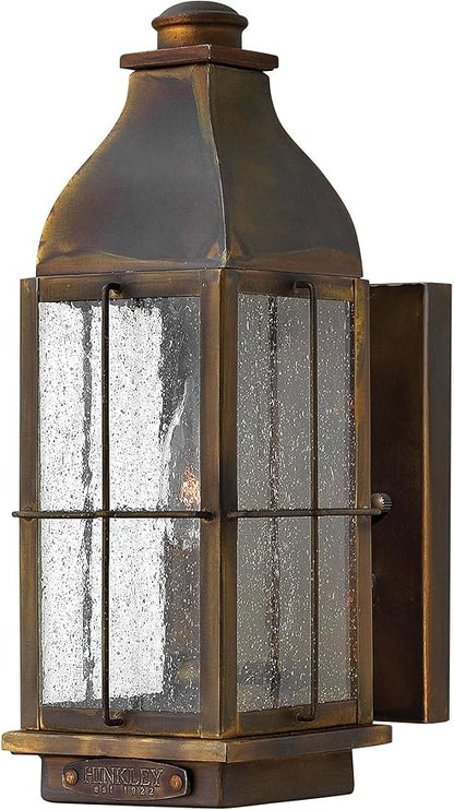 Hinkley Bingham Small Wall Mount Outdoor Lantern - Gas Light Look, Single Light, Vintage, Nautical, Clear Seedy Glass, Brass Material - Sienna Finish