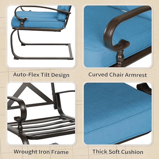 7-Piece Outdoor Metal Furniture Sets Patio Conversation Set, Wrought Iron Loveseat, 2 Dining Chairs, 2 Spring Chairs and Coffee Table, Peacock Blue