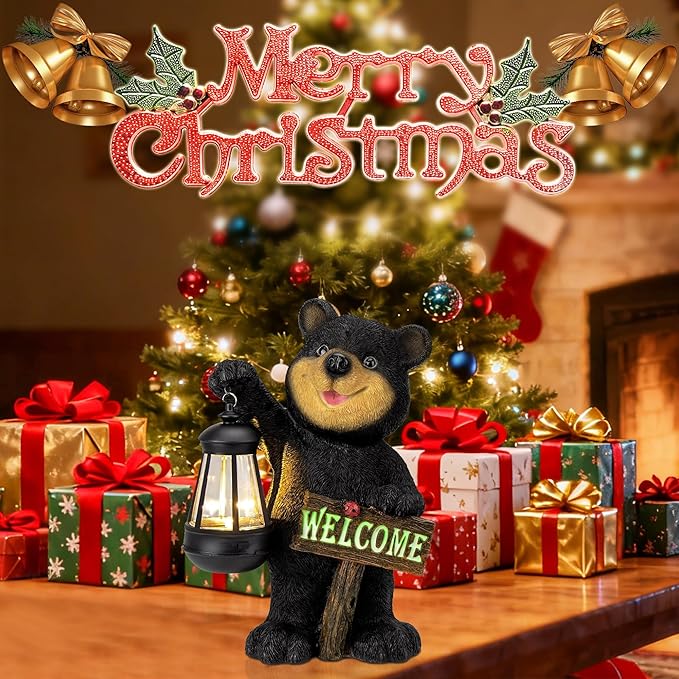 Juegoal Garden Bear Statue with Solar LED Lantern, Luminous Welcome Sign, Gifts for Mom Yard Art, Whimsical Figurine Large Sculpture Lighted Outdoor Mother's Day Spring Decorations for Lawn, Porch