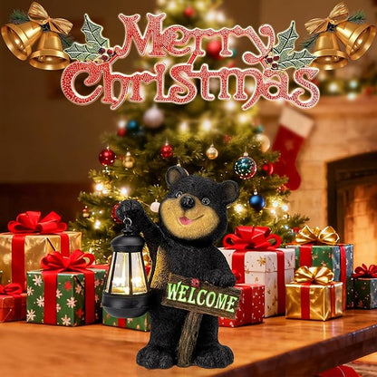 Juegoal Garden Bear Statue with Solar LED Lantern, Luminous Welcome Sign, Gifts for Mom Yard Art, Whimsical Figurine Large Sculpture Lighted Outdoor Mother's Day Spring Decorations for Lawn, Porch
