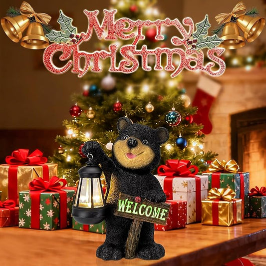 Juegoal Garden Bear Statue with Solar LED Lantern, Luminous Welcome Sign, Gifts for Mom Yard Art, Whimsical Figurine Large Sculpture Lighted Outdoor Mother's Day Spring Decorations for Lawn, Porch