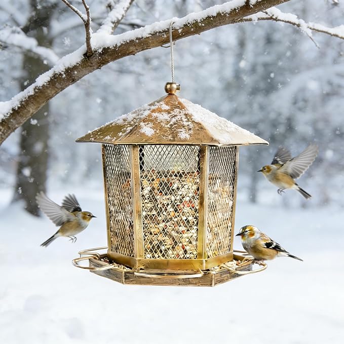 Hexagonal Gazebo Bird Feeders, Metal Hanging Wild Finch Bird Feeder, Outdoor Weatherproof Birdfeeder for Garden Patio Backyard Lawn Decor