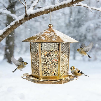 Hexagonal Gazebo Bird Feeders, Metal Hanging Wild Finch Bird Feeder, Outdoor Weatherproof Birdfeeder for Garden Patio Backyard Lawn Decor