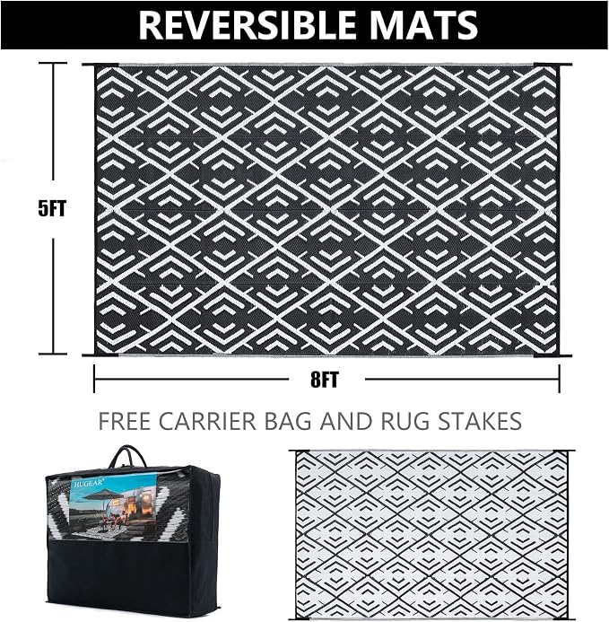 HUGEAR Outdoor Rug Mats, Large Waterproof Outdoor Area Rug, Reversible Portable Outdoor Plastic Straw Carpet for RV Deck Camping Front Door Indoor Outside Porch Picnic (5x8ft Geometric Black&White)