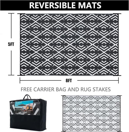 HUGEAR Outdoor Rug Mats, Large Waterproof Outdoor Area Rug, Reversible Portable Outdoor Plastic Straw Carpet for RV Deck Camping Front Door Indoor Outside Porch Picnic (5x8ft Geometric Black&White)
