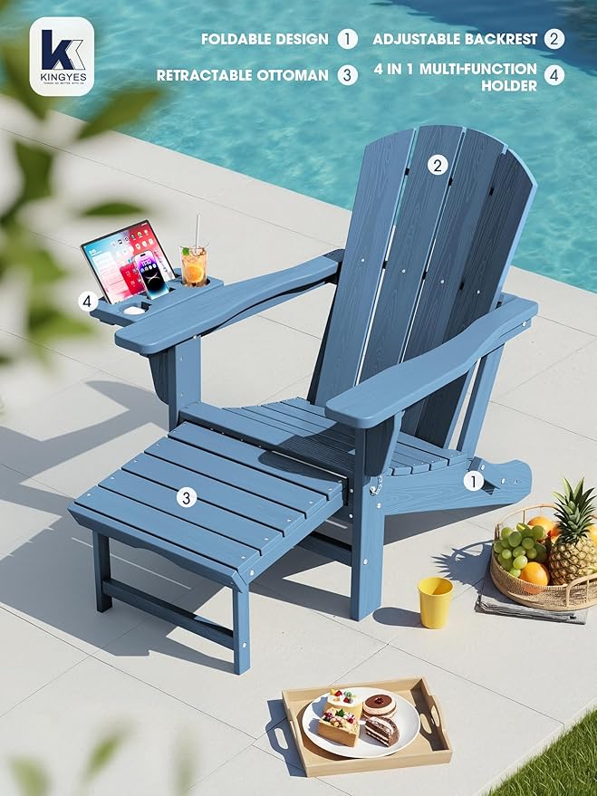 KINGYES Adjustable Folding Adirondack Chair with Footrest & 4-in-1 Multi-Functional Armrest Organizer, HDPE Foldable Reclining Adirondack Chair with Pull-Out Ottoman, Blue