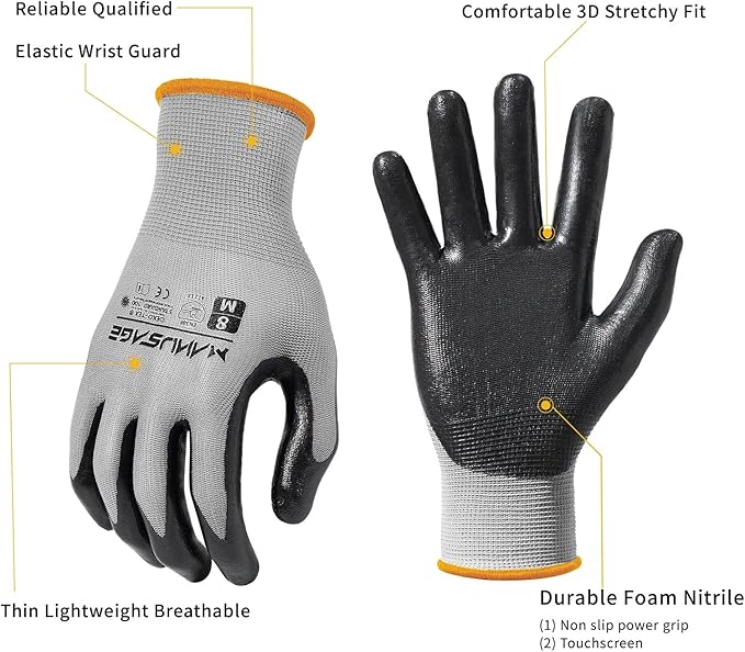 Safety Work Gloves, Nitrile Work Gloves For Men and Women, Work Gloves With Touchscreen Fingers, Work Gloves men, Men's work gloves with grip,mechanics gloves (Size-L, Grey, 6 Pairs)
