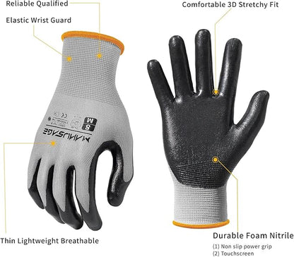 Safety Work Gloves, Nitrile Work Gloves For Men and Women, Work Gloves With Touchscreen Fingers, Work Gloves men, Men's work gloves with grip,mechanics gloves (Size-L, Grey, 6 Pairs)