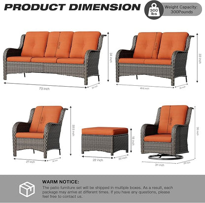 Joyside Patio Furniture Set 6 Pieces - Outdoor Rattan Furniture Set with 2 Armchairs, 2 Couch and 2 Ottomans, Olefin Cushions Included(Mixed Grey/Orange)