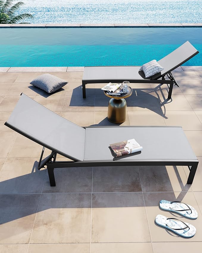 Crestlive Products Aluminum Adjustable Chaise Lounge Chair Outdoor Five-Position Recliner, Curved Design, All Weather for Patio, Beach, Yard, Pool (2 PCS Light Gray)