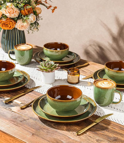 LERATIO Ceramic Dinnerware Sets for 4, 12 Pieces Ceramic Plates and Bowls Sets, Scratch Resistant Dish Set, Oven, Microwave & Dishwasher Safe-Sage Meadow Green