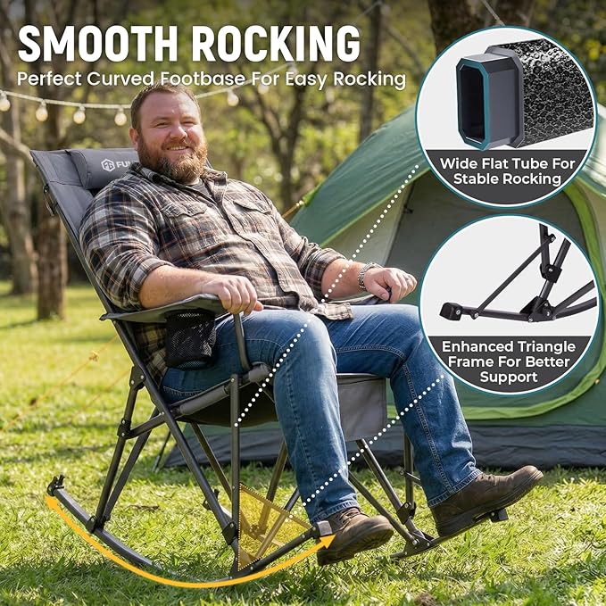 FUNDANGO Oversized Rocking Camping Chair for Adults, 2 Pack High Back Padded Folding Lawn Chairs with Pillows, Wide Armrest, 2 Cup Holders, Carry Bag for Patio Garden Outdoor Supports 440Lbs