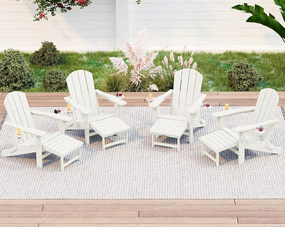 KINGYES Folding Adjustable Adirondack Chair with Ottoman & 2 Cup Holders Set of 4, HDEP Multifunctional Adirondack Chair with Footrest, White