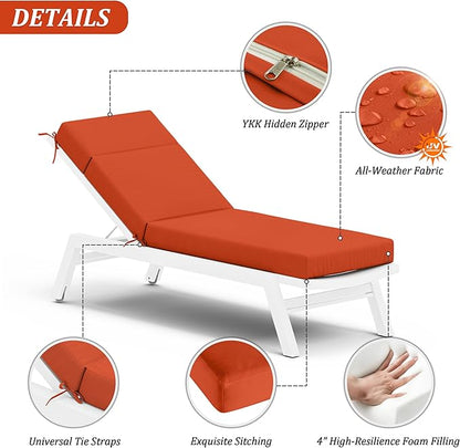 Chaise Lounge Cushion for Outdoor Furniture, Waterproof Fade and Tear Resistant Lounge Deck Chair Cushions for Patio Lawn Pool Resort Hotel