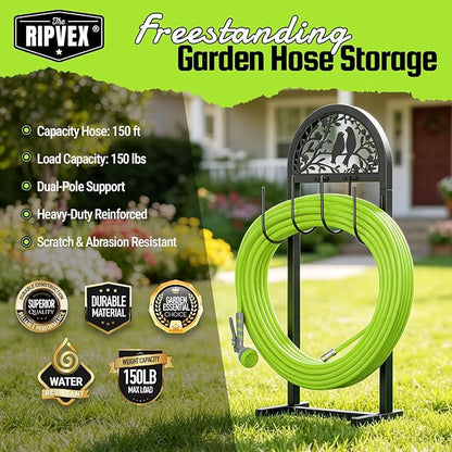 2 Pack Garden Hose Holder, Water Hose Stand with 4 Stake, Heavy Duty Metal Hose Hanger Holds 150Ft, Freestanding Hose Storage Rack for Outside,Yard & Lawn Garden