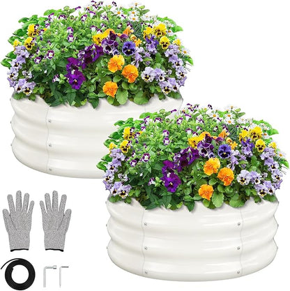 GreatBuddy 2x2x1 ft Round Galvanized Raised Garden Bed, Easy-Assembly Raised Bed with Anti-Cut Gloves & Tools, Rust-Proof Garden Bed for Outdoor, Vegetables, Herbs, Small Trees, White