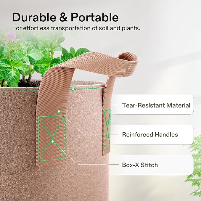 VIVOSUN 5-Pack 20 Gallons Grow Bags Heavy Duty Thickened Nonwoven Fabric Pots with Strap Handles Tan