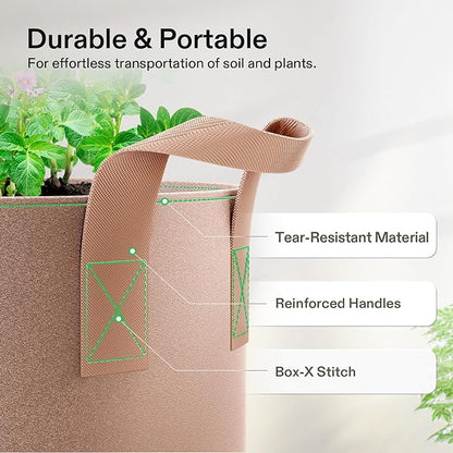 VIVOSUN 5-Pack 20 Gallons Grow Bags Heavy Duty Thickened Nonwoven Fabric Pots with Strap Handles Tan
