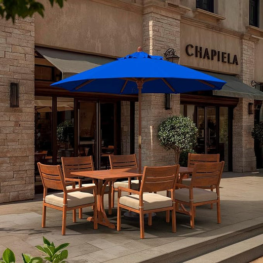 California Umbrella 9' Premium Commercial Hardwood Patio Umbrella, Manual Lift With Sunbrella Pacific Blue Fabric