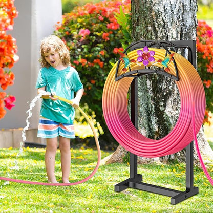 Garden Hose Holder, Heavy Duty Metal Water Hose Holders Stand with 4 Spikes, Freestanding Outdoor Water Pipe Storage Rack Hanger 150ft for Outside Yard Lawn Decor
