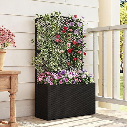 Giantex Raised Garden Bed with Trellis, 49'' Tall PE Rattan Planter Box w/Liner & Drainage, Metal Frame Privacy Screen for Vertical Climbing Plants, Vegetables & Flowers, Patio Balcony Gardening
