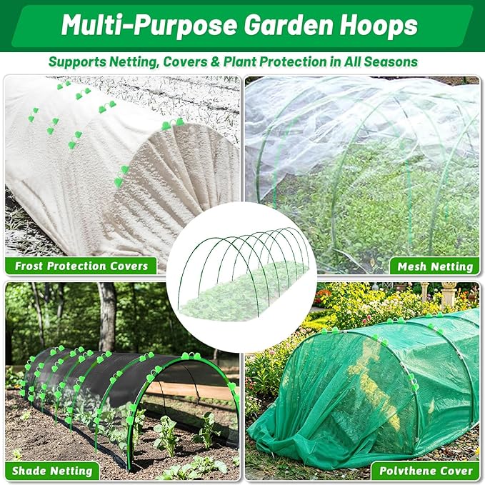 Cludoo Garden Mesh Netting Kit,7 Sets Wide Garden Hoops with 10x30 ft Garden Covers Bird Netting& 12 Clips, Garden Protection for Raised Beds Greenhouse Vegetable Plants Flowers Green