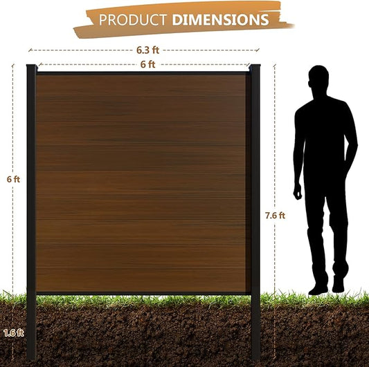6 Feet×6 Feet Privacy Fence, Outdoor Wood Plastic Composite Fence Panel, Waterproof Security Barriers Fencing (Brown with Two 7.6FT Posts)