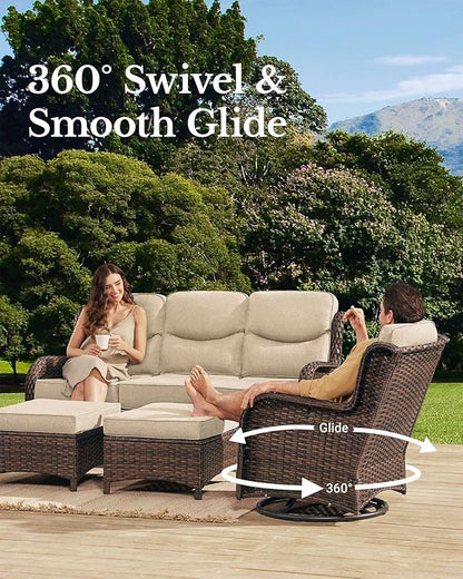 HILLGA Luxury Patio Furniture Set with 6-Inch Thick Cushions, High Back Outdoor Swivel Rocker Chairs and Patio Couch, 13-Piece All Weather Conversation Set for Porch Deck Pool Yard, Beige (V3)