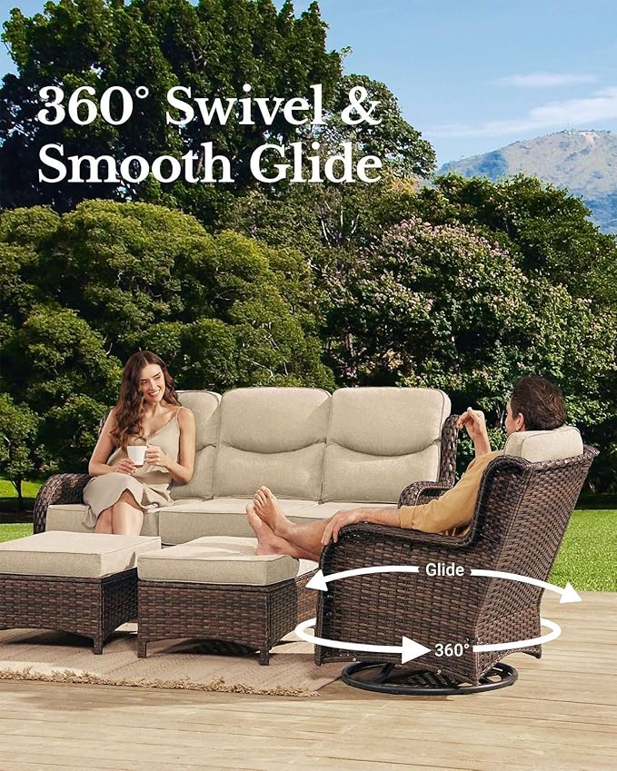 HILLGA Luxury Patio Furniture Set with 6-Inch Thick Cushions, High Back Outdoor Swivel Rocker Chairs and Patio Couch, 7-Piece All Weather Conversation Set for Porch Deck Pool Yard, Beige (V3)