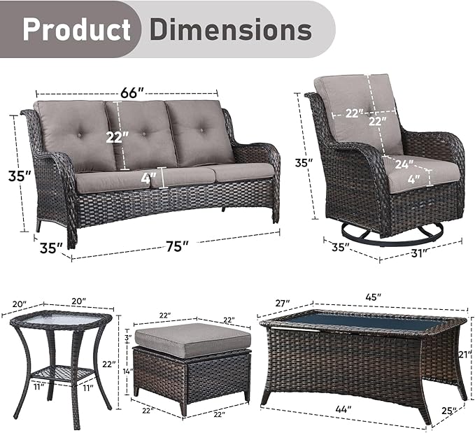 Wicker Patio Furniture-7 Pieces Rattan Patio Furniture Set Outdoor Patio Couch with Swivel Patio Chairs Ottomans and Coffee Table for Deck Poolside Backyard-Brown/Grey