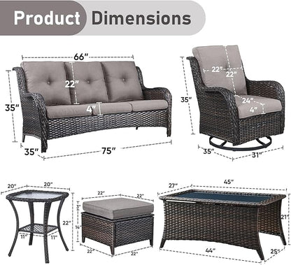 Wicker Patio Furniture-7 Pieces Rattan Patio Furniture Set Outdoor Patio Couch with Swivel Patio Chairs Ottomans and Coffee Table for Deck Poolside Backyard-Brown/Grey