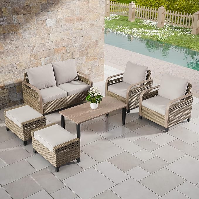 COOS BAY Modern Wicker Outdoor Furniture Set, Patio Conversation Set with Patio Chairs, 2 Seat Loveseat, Ottomans, and Coffee Table, 6 Piece, Brown/Gray